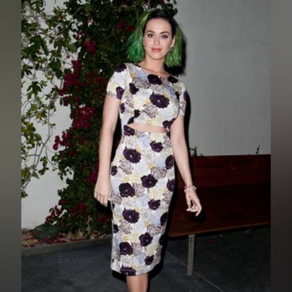 Suno Silk Blend Cutout-Waist Feminine Floral Midi Dress - Picture 2 of 15